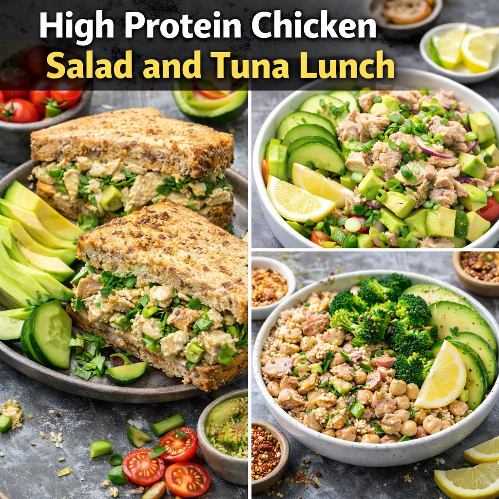 High protein chicken salad and tuna lunch ideas with avocado vegetables and healthy protein bowls
