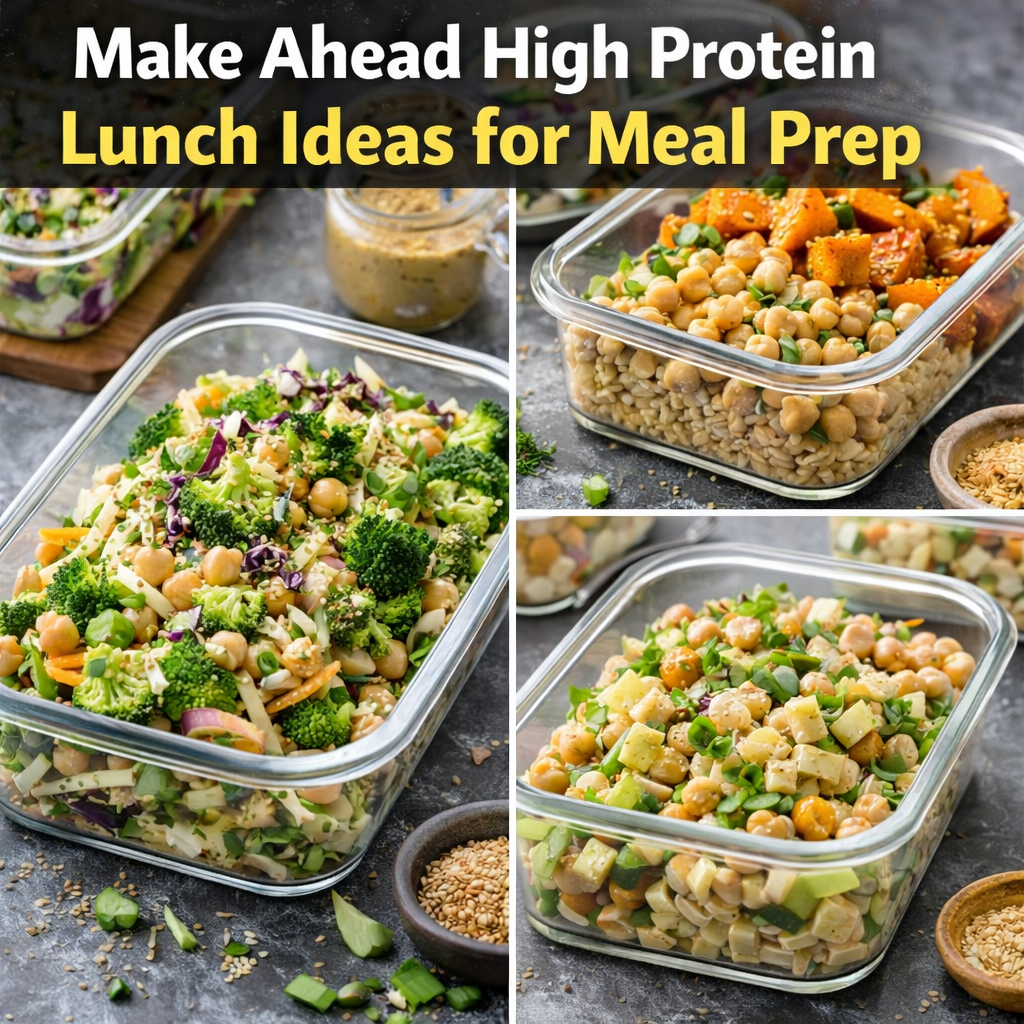 Make ahead high protein lunch recipes for meal prep with chickpea salad grain bowls and healthy lunch containers